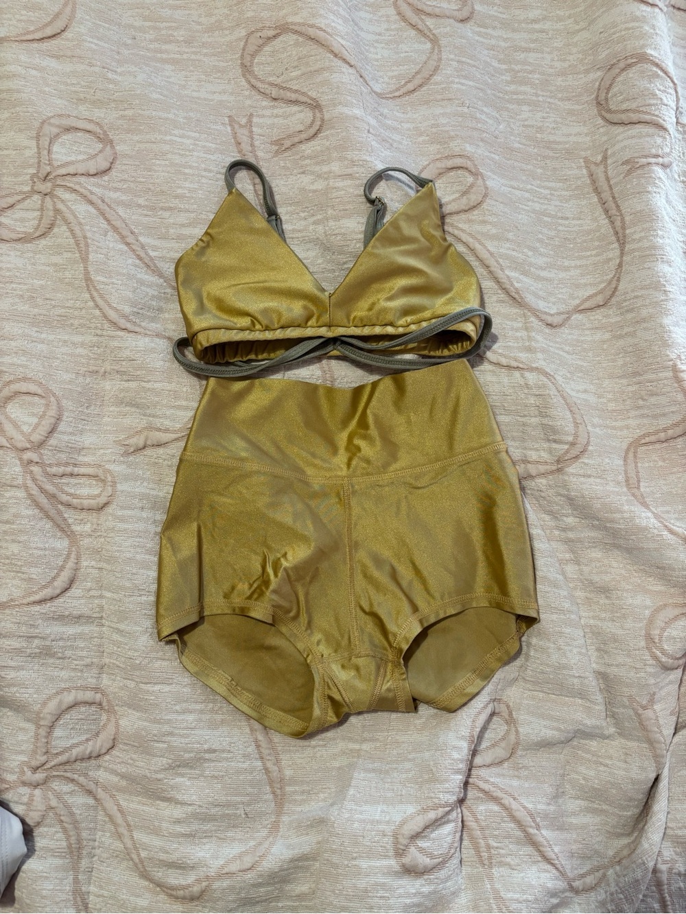 Gold High-Waist athletic set sports bra and shorts Five The Label